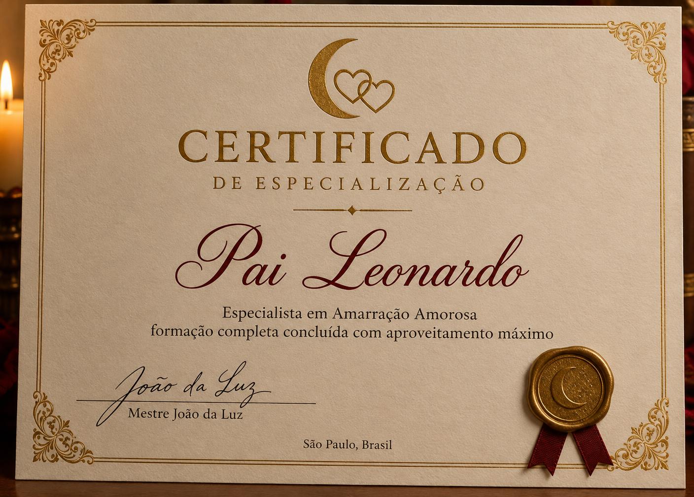 Certificado de Especialização em Amarração Amorosa de Pai Leonardo