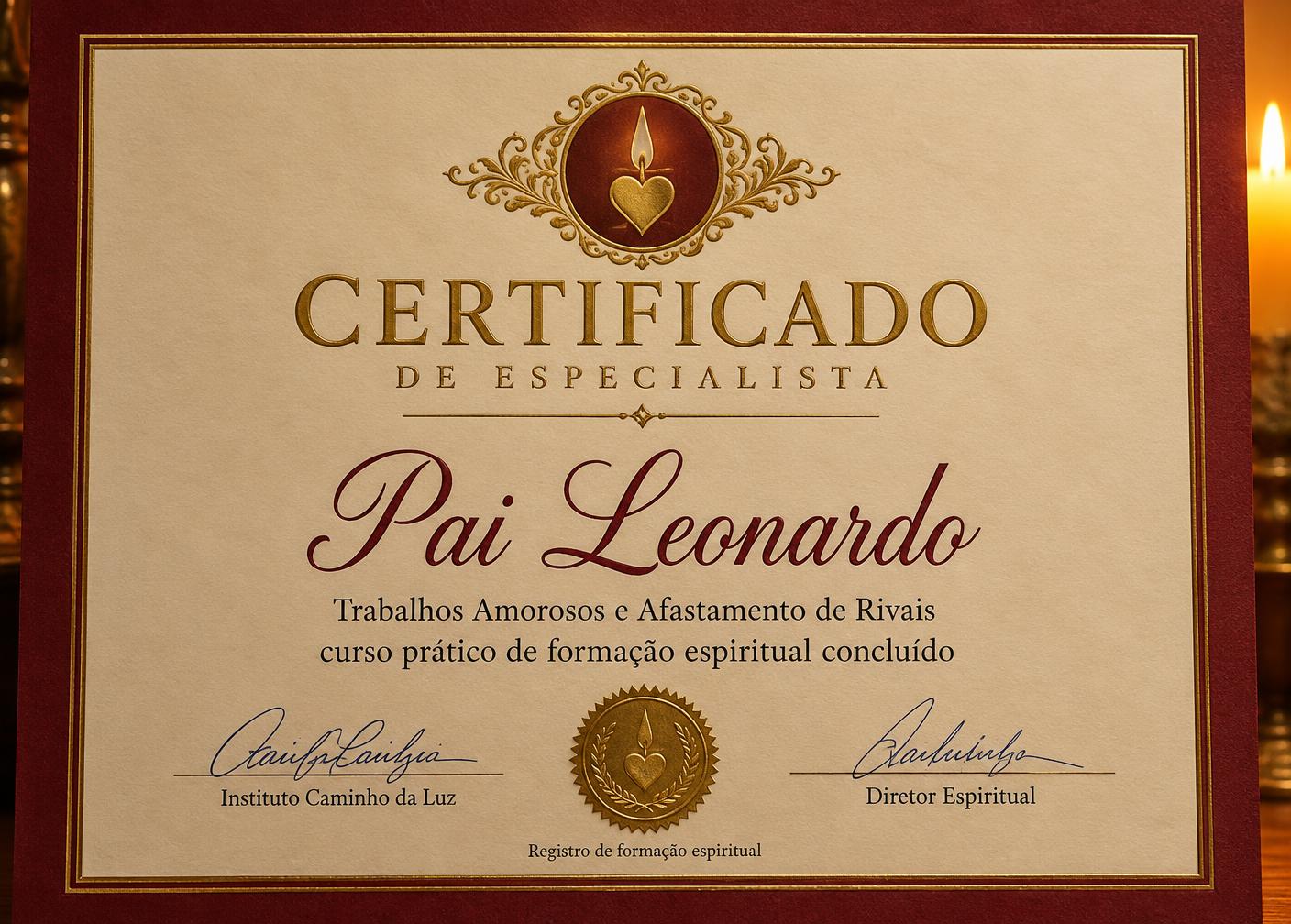 Certificado de Especialista em Trabalhos Amorosos e Afastamento de Rivais de Pai Leonardo