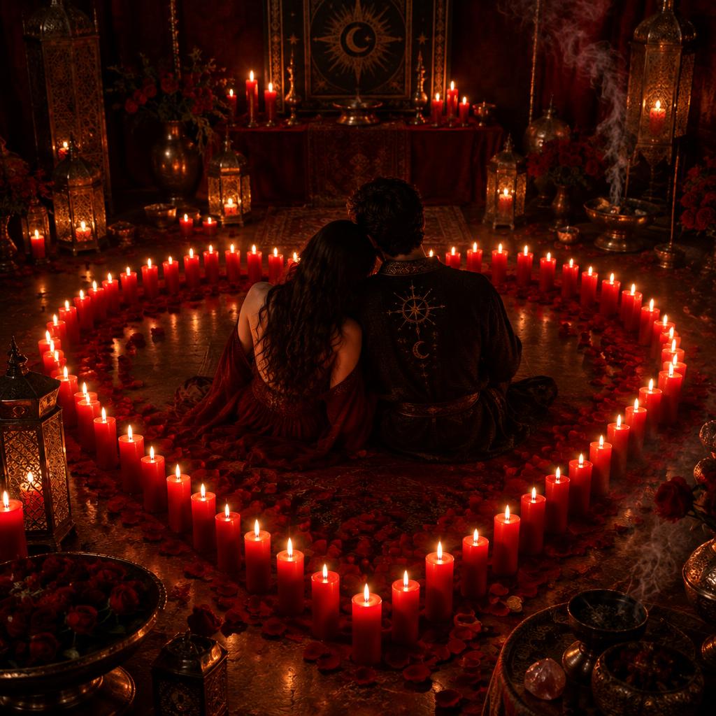 Casal de mãos dadas dentro de um coração formado por velas vermelhas acesas