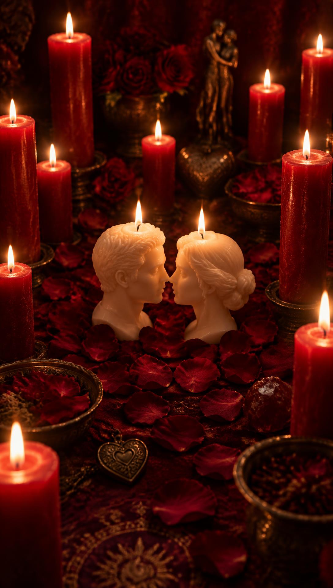 Velas vermelhas com duas velas brancas em formato de cabeças de casal ao centro