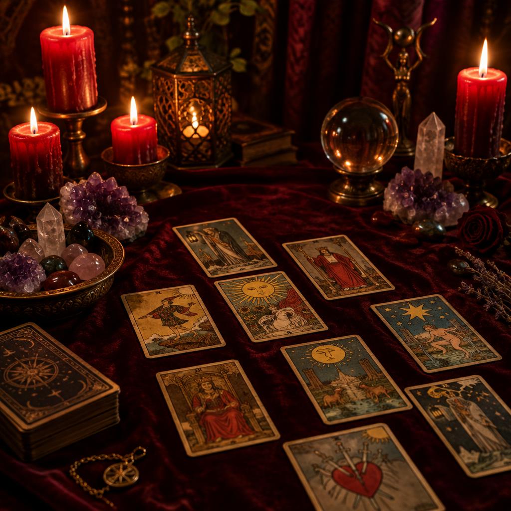 Mesa de leitura com velas, cartas e cristais